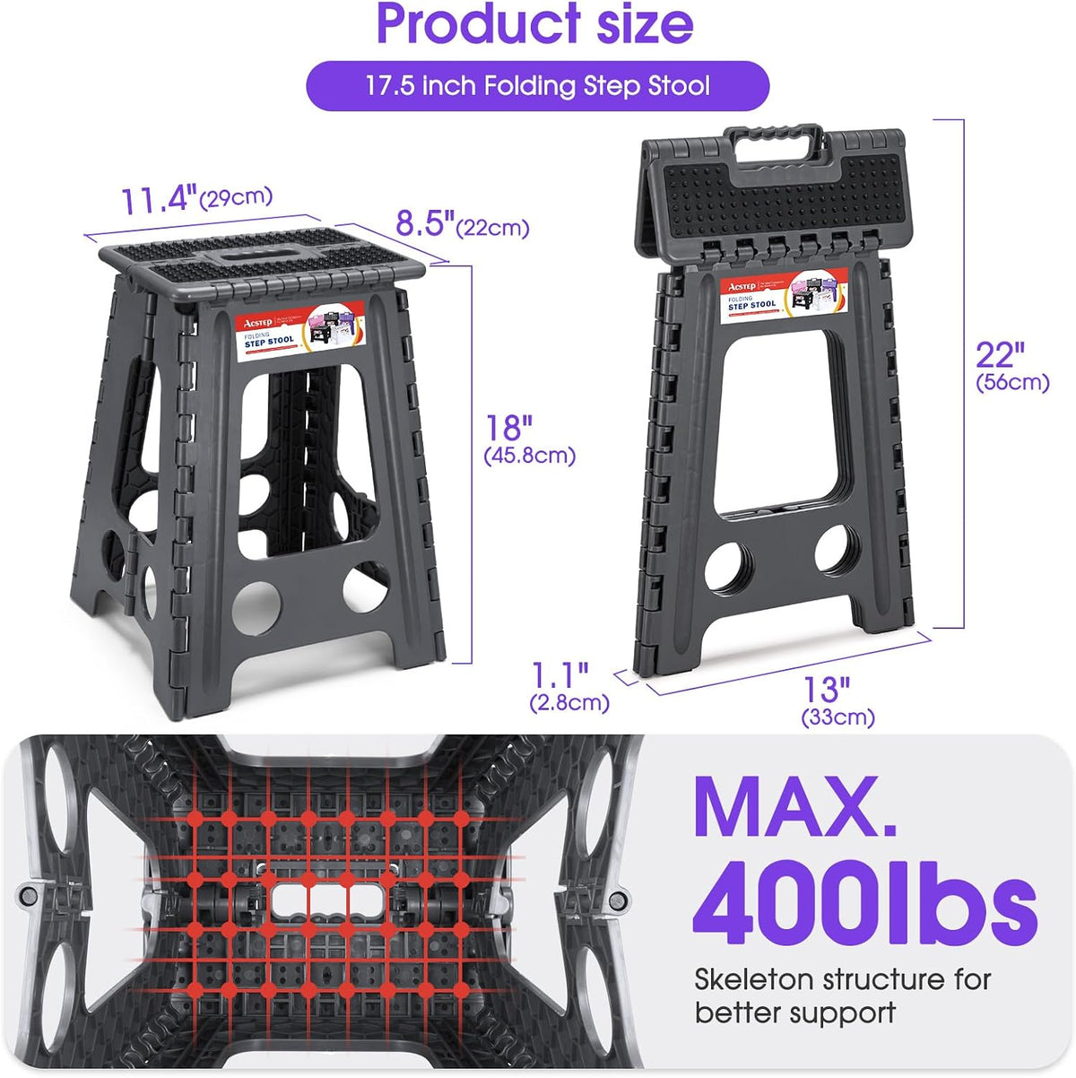 11 Inch Folding Step Stool for Kids, Non-Slip Foldable Stools, Black