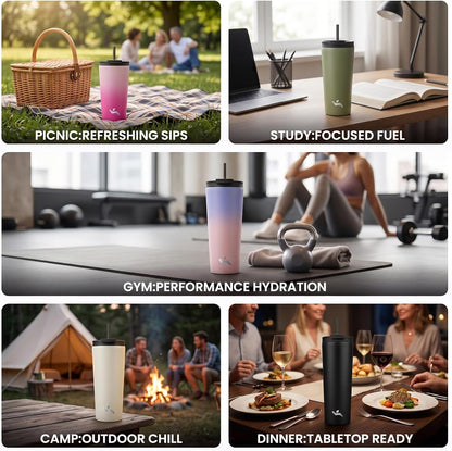 18 oz Insulated Tumbler Water Bottle with Straw Lid, Taro | Stainless steel insulated tumbler for coffee, water and iced drinks; spill-proof lid, 2 straws, cup-holder friendly