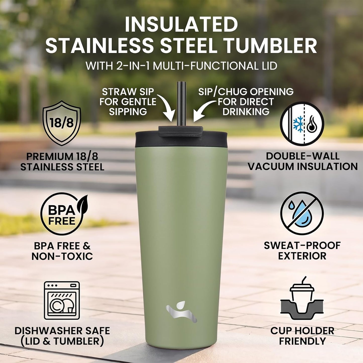18 oz Insulated Tumbler Water Bottle with Straw Lid, Taro | Stainless steel insulated tumbler for coffee, water and iced drinks; spill-proof lid, 2 straws, cup-holder friendly
