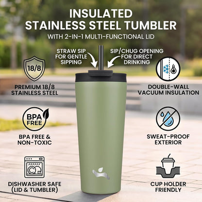 18 oz Insulated Tumbler Water Bottle with Straw Lid, Taro | Stainless steel insulated tumbler for coffee, water and iced drinks; spill-proof lid, 2 straws, cup-holder friendly