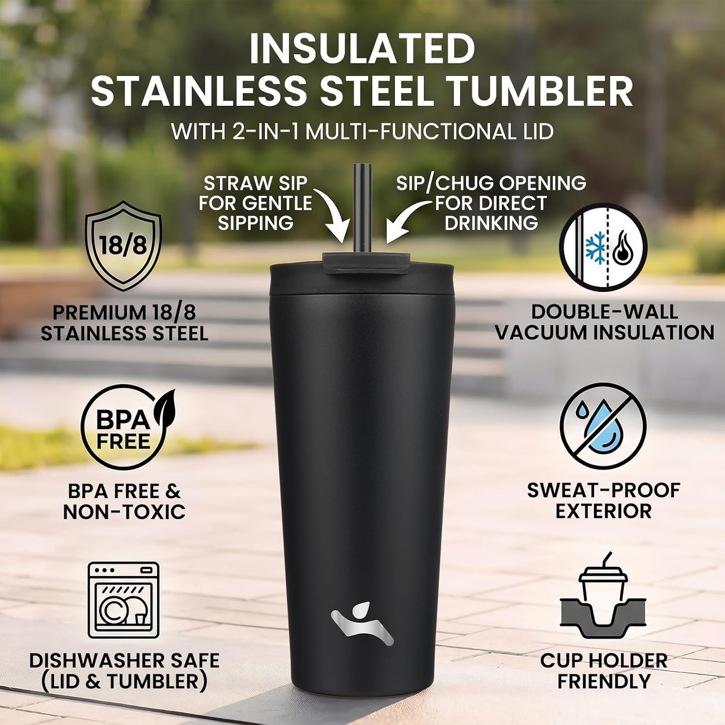 18 oz Insulated Tumbler Water Bottle with Straw Lid, Taro | Stainless steel insulated tumbler for coffee, water and iced drinks; spill-proof lid, 2 straws, cup-holder friendly