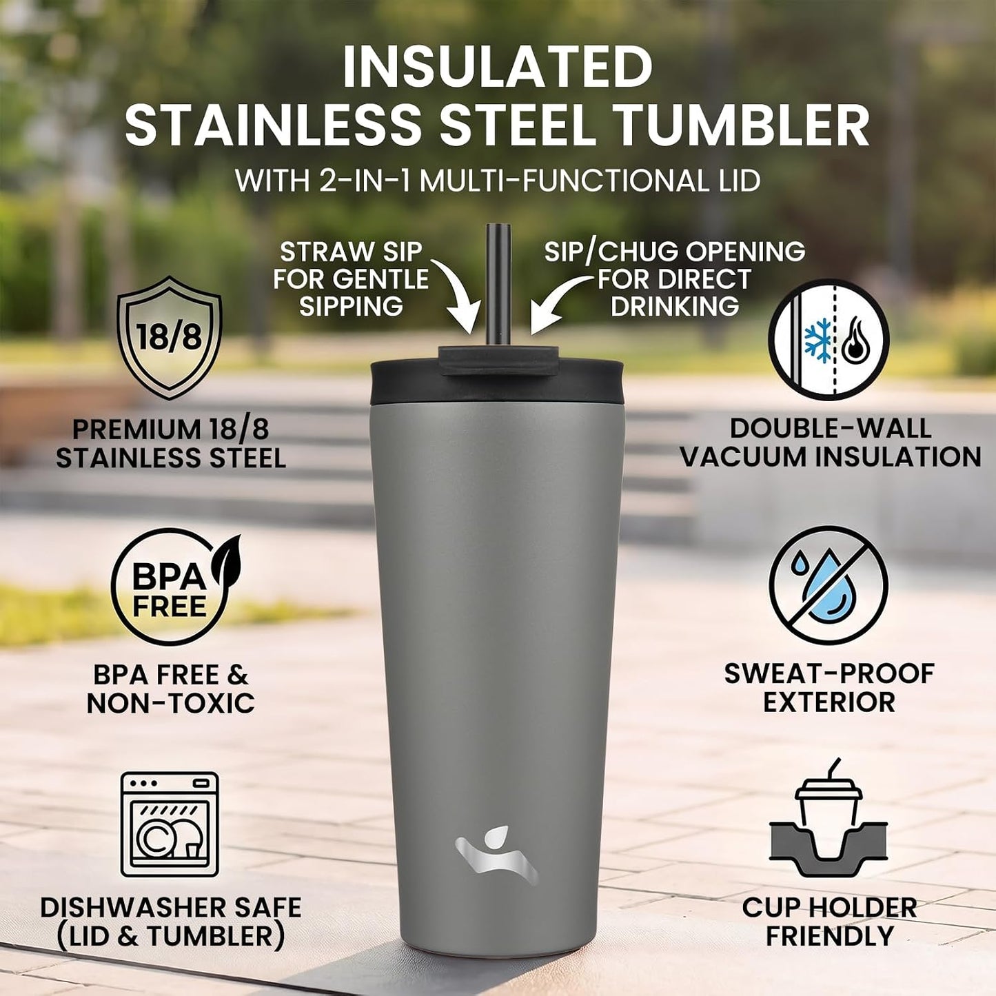 18 oz Insulated Tumbler Water Bottle with Straw Lid, Taro | Stainless steel insulated tumbler for coffee, water and iced drinks; spill-proof lid, 2 straws, cup-holder friendly