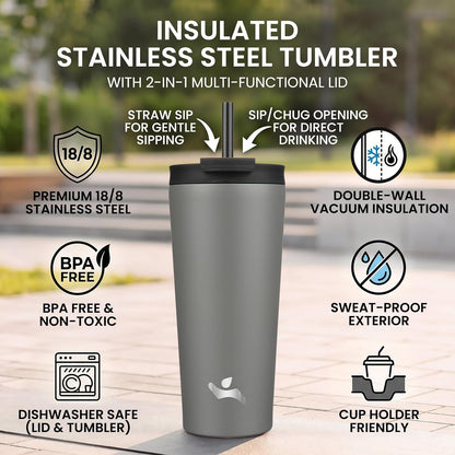 18 oz Insulated Tumbler Water Bottle with Straw Lid, Taro | Stainless steel insulated tumbler for coffee, water and iced drinks; spill-proof lid, 2 straws, cup-holder friendly
