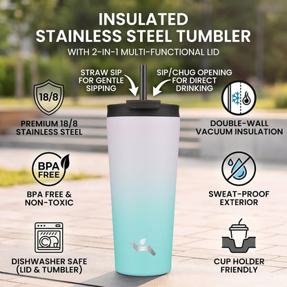 18 oz Insulated Tumbler Water Bottle with Straw Lid, Taro | Stainless steel insulated tumbler for coffee, water and iced drinks; spill-proof lid, 2 straws, cup-holder friendly