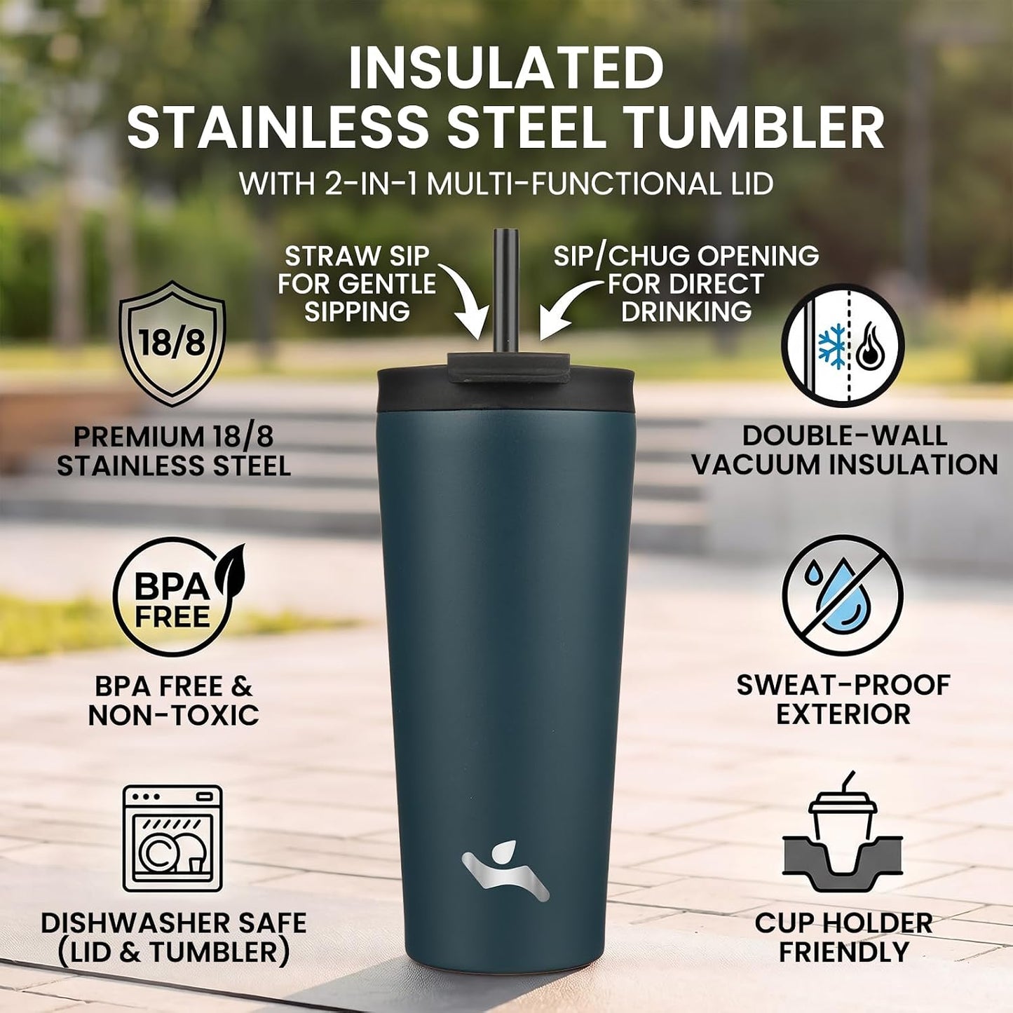 18 oz Insulated Tumbler Water Bottle with Straw Lid, Taro | Stainless steel insulated tumbler for coffee, water and iced drinks; spill-proof lid, 2 straws, cup-holder friendly
