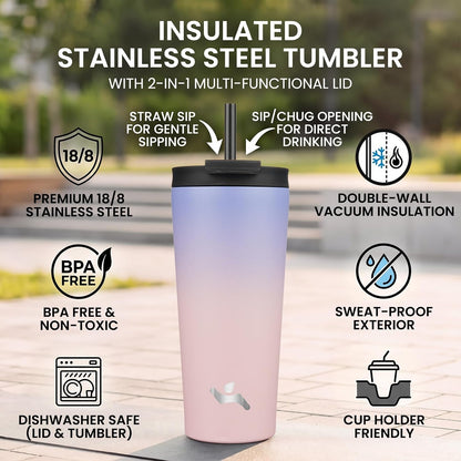 18 oz Insulated Tumbler Water Bottle with Straw Lid, Taro | Stainless steel insulated tumbler for coffee, water and iced drinks; spill-proof lid, 2 straws, cup-holder friendly