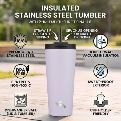 18 oz Insulated Tumbler Water Bottle with Straw Lid, Taro | Stainless steel insulated tumbler for coffee, water and iced drinks; spill-proof lid, 2 straws, cup-holder friendly