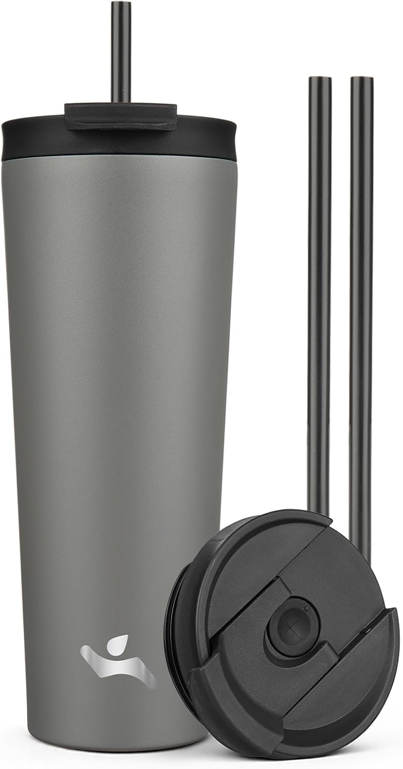 18 oz Insulated Tumbler Water Bottle with Straw Lid, Taro | Stainless steel insulated tumbler for coffee, water and iced drinks; spill-proof lid, 2 straws, cup-holder friendly