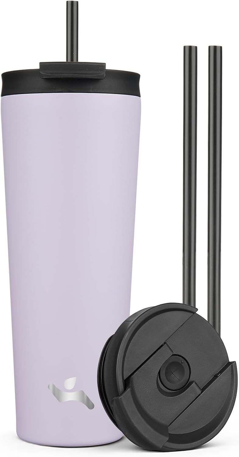 18 oz Insulated Tumbler Water Bottle with Straw Lid, Taro | Stainless steel insulated tumbler for coffee, water and iced drinks; spill-proof lid, 2 straws, cup-holder friendly