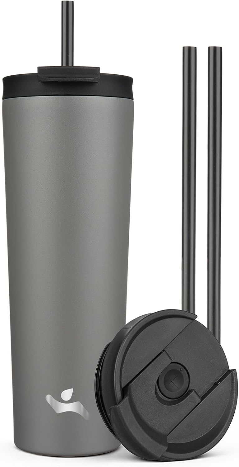 18 oz Insulated Tumbler Water Bottle with Straw Lid, Taro | Stainless steel insulated tumbler for coffee, water and iced drinks; spill-proof lid, 2 straws, cup-holder friendly