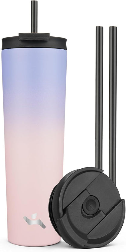 18 oz Insulated Tumbler Water Bottle with Straw Lid, Taro | Stainless steel insulated tumbler for coffee, water and iced drinks; spill-proof lid, 2 straws, cup-holder friendly