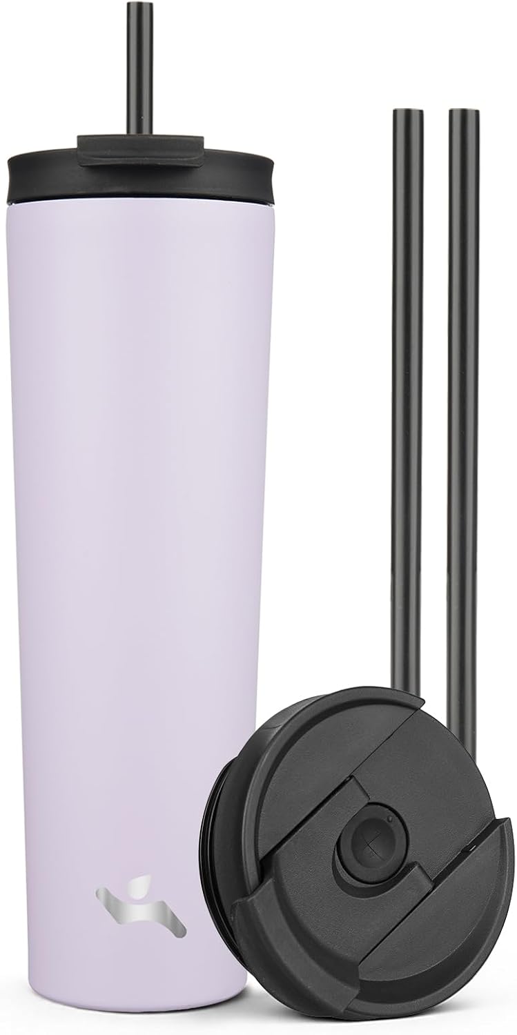 18 oz Insulated Tumbler Water Bottle with Straw Lid, Taro | Stainless steel insulated tumbler for coffee, water and iced drinks; spill-proof lid, 2 straws, cup-holder friendly