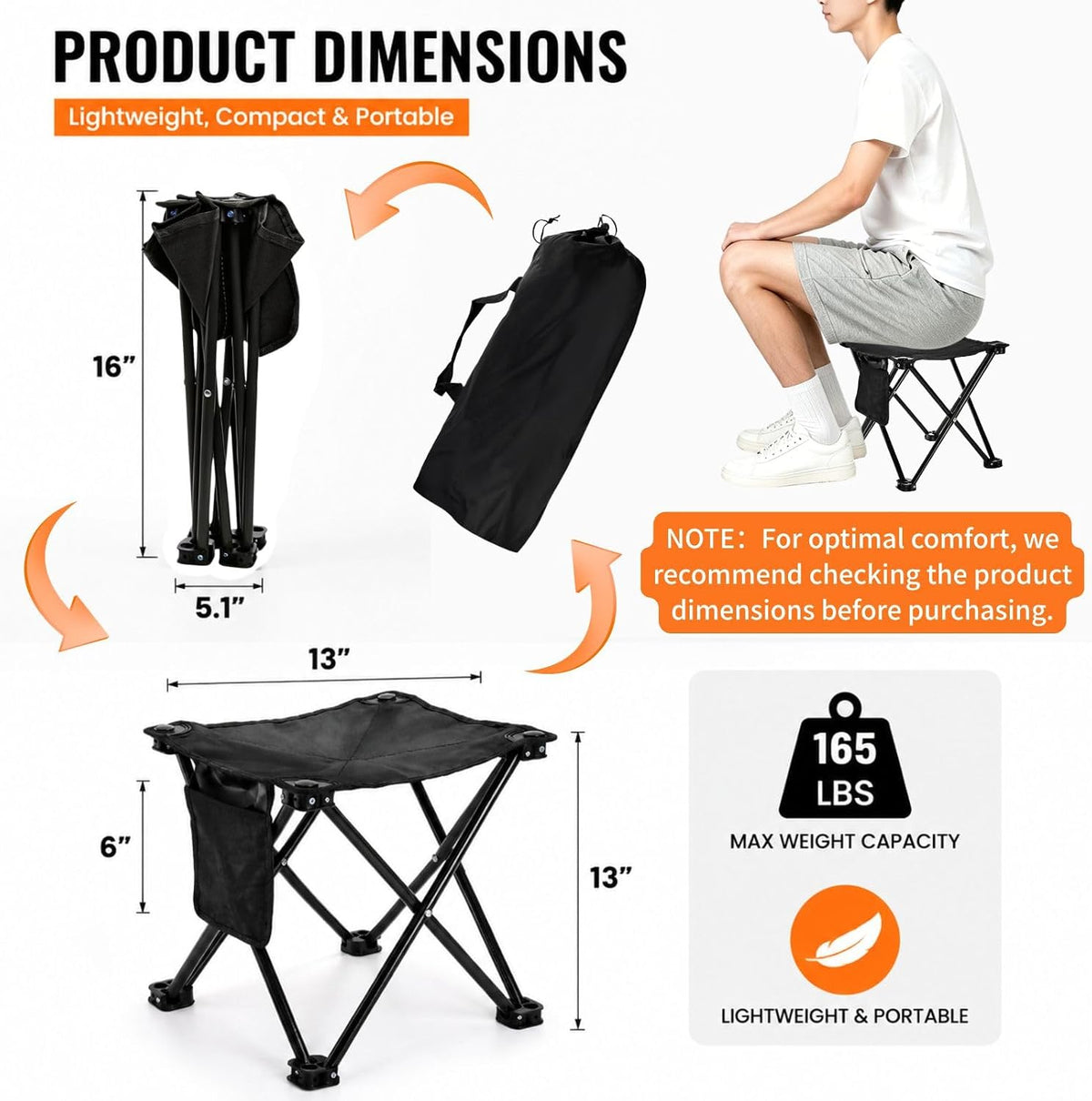 2 Pack Camping Stool, 13 Inch Compact Camping Chair Portable, Lightweight Folding Stool Seat with Side Pocket and Carry Bag for Outdoor Hiking, Fishing, Picnic, Beach and Lawn Party, Black
