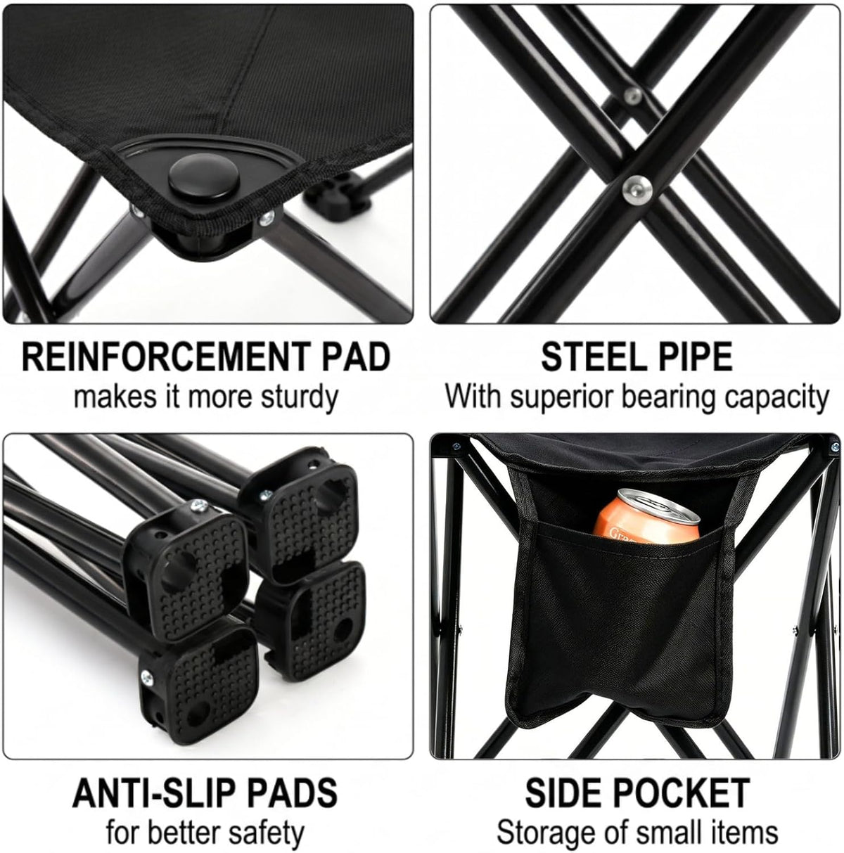 2 Pack Camping Stool, 13 Inch Compact Camping Chair Portable, Lightweight Folding Stool Seat with Side Pocket and Carry Bag for Outdoor Hiking, Fishing, Picnic, Beach and Lawn Party, Black