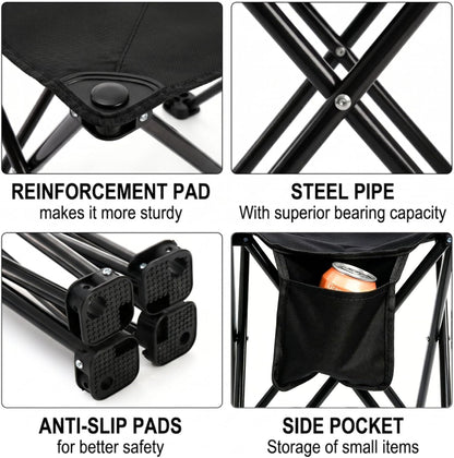 2 Pack Camping Stool, 13 Inch Compact Camping Chair Portable, Lightweight Folding Stool Seat with Side Pocket and Carry Bag for Outdoor Hiking, Fishing, Picnic, Beach and Lawn Party, Black