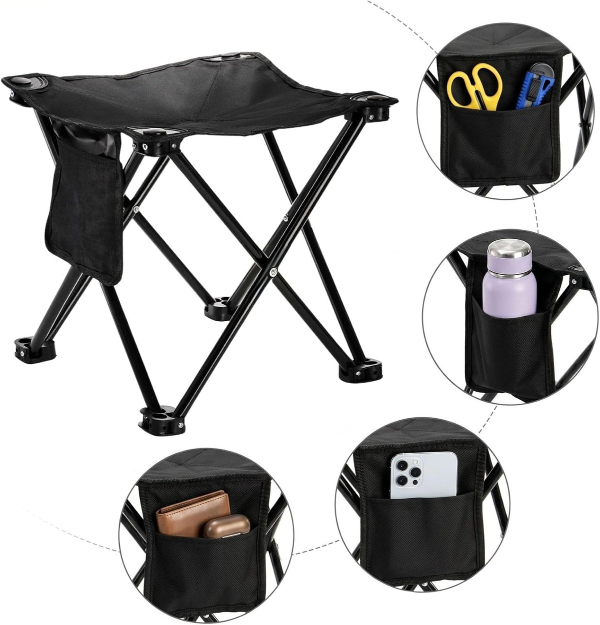 2 Pack Camping Stool, 13 Inch Compact Camping Chair Portable, Lightweight Folding Stool Seat with Side Pocket and Carry Bag for Outdoor Hiking, Fishing, Picnic, Beach and Lawn Party, Black