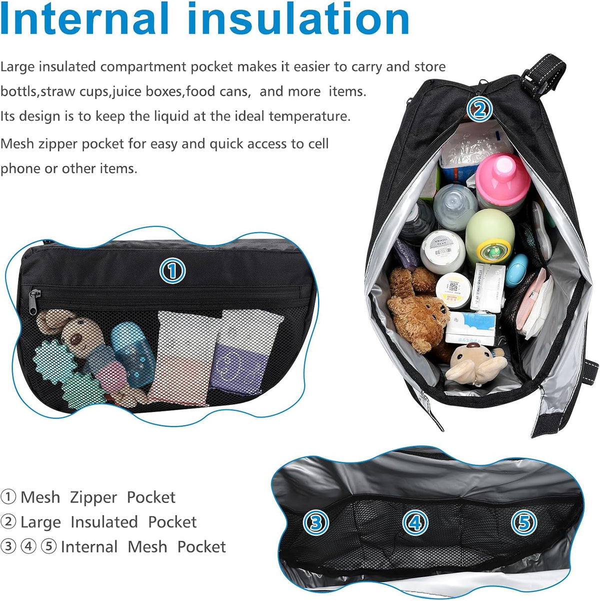 Insulated Side Sling Stroller Saddle Bag Organizer, Universal Stroller Organizer, Stroller Bag Caddy Organizer, Black
