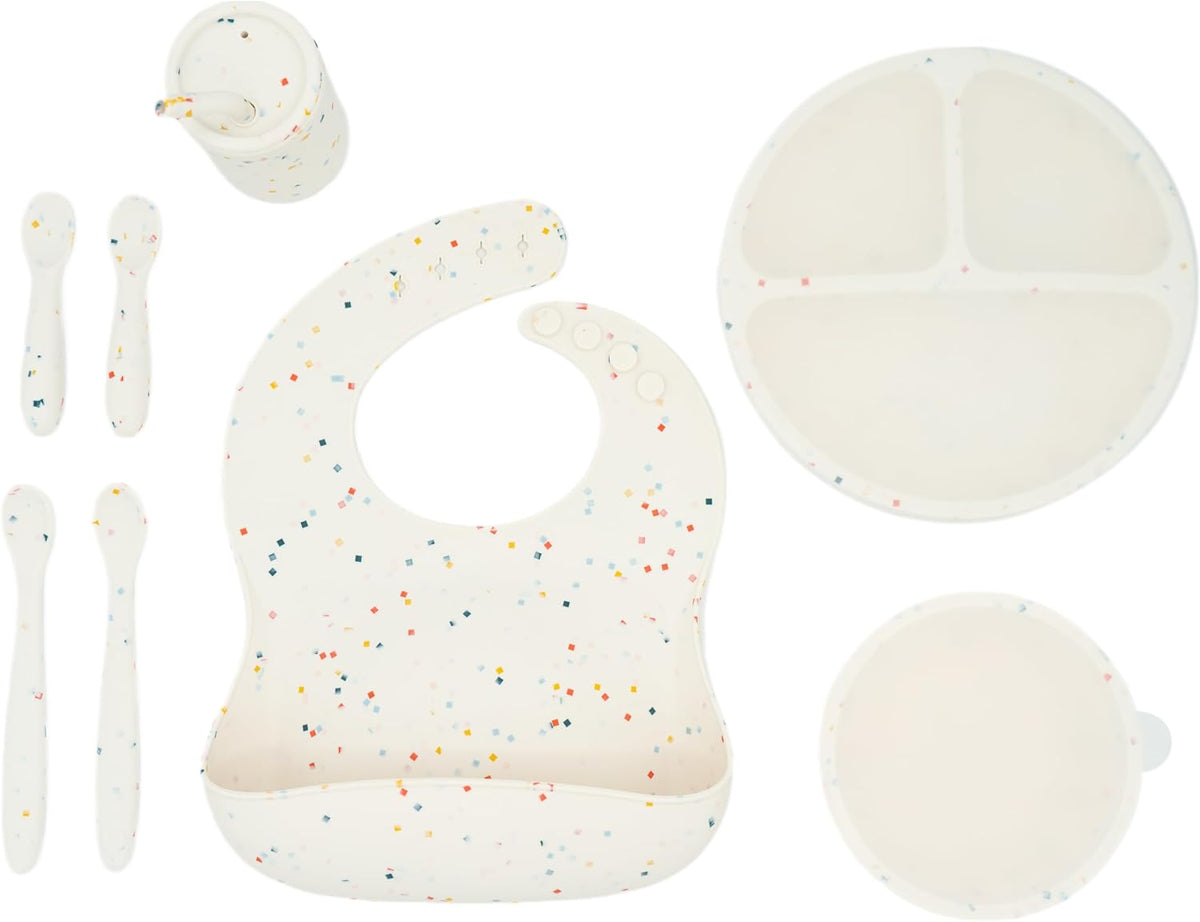 Baby Led Weaning Bundle, Silicone Suction Bowl, Spoons, Bib & Cup, Develops Self Feeding Skills, Dishwasher Safe (Purple)