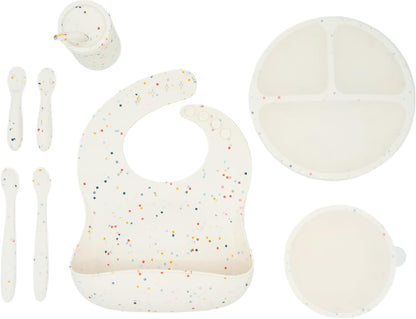 Baby Led Weaning Bundle, Silicone Suction Bowl, Spoons, Bib & Cup, Develops Self Feeding Skills, Dishwasher Safe (Purple)