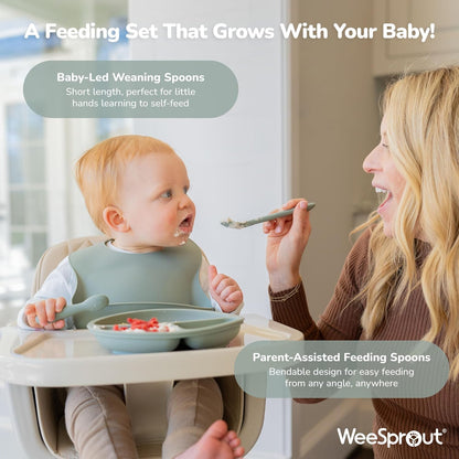 Baby Led Weaning Bundle, Silicone Suction Bowl, Spoons, Bib & Cup, Develops Self Feeding Skills, Dishwasher Safe (Purple)
