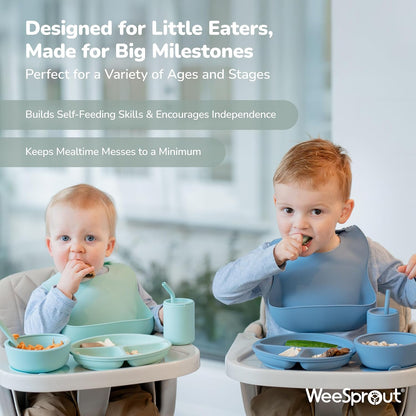 Baby Led Weaning Bundle, Silicone Suction Bowl, Spoons, Bib & Cup, Develops Self Feeding Skills, Dishwasher Safe (Purple)