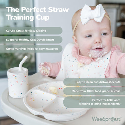 Baby Led Weaning Bundle, Silicone Suction Bowl, Spoons, Bib & Cup, Develops Self Feeding Skills, Dishwasher Safe (Purple)