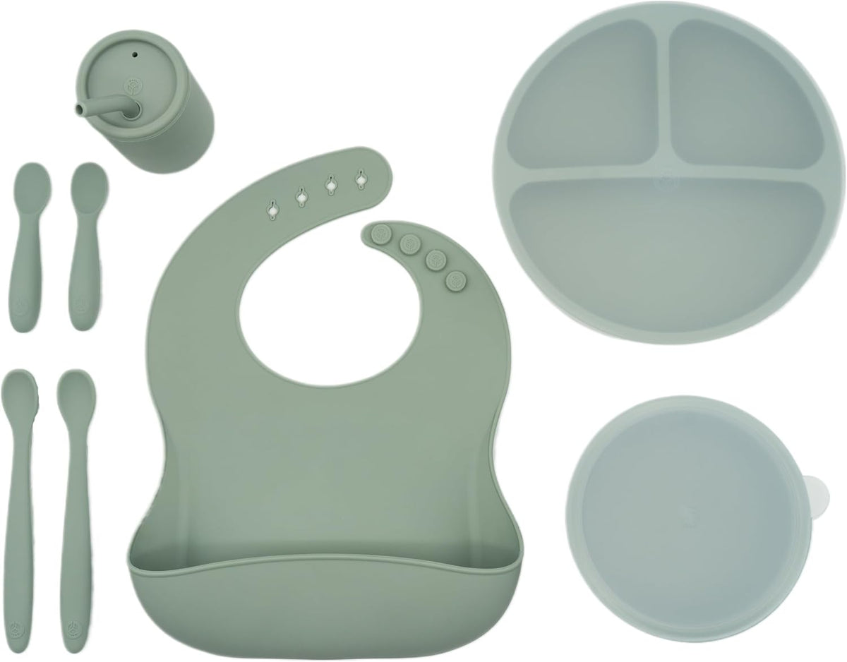 Baby Led Weaning Bundle, Silicone Suction Bowl, Spoons, Bib & Cup, Develops Self Feeding Skills, Dishwasher Safe (Purple)