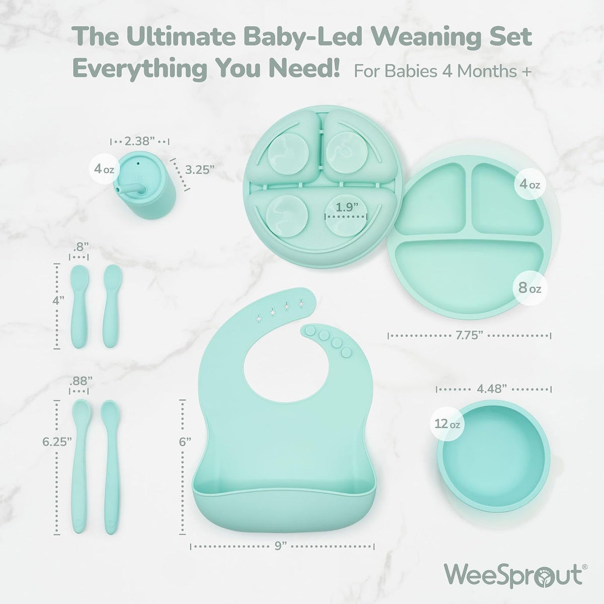 Baby Led Weaning Bundle, Silicone Suction Bowl, Spoons, Bib & Cup, Develops Self Feeding Skills, Dishwasher Safe (Purple)