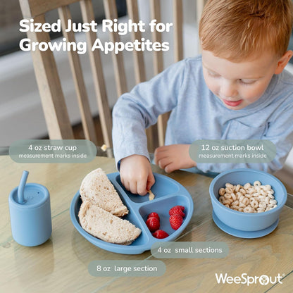 Baby Led Weaning Bundle, Silicone Suction Bowl, Spoons, Bib & Cup, Develops Self Feeding Skills, Dishwasher Safe (Purple)