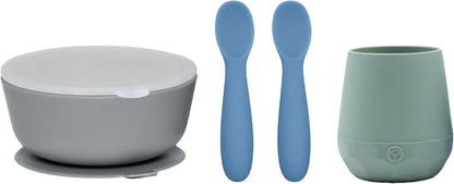 Baby Led Weaning Bundle, Silicone Suction Bowl, Spoons, Bib & Cup, Develops Self Feeding Skills, Dishwasher Safe (Purple)