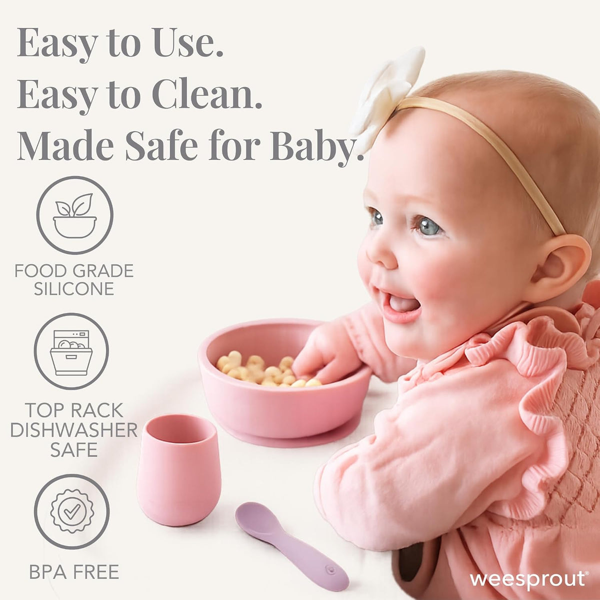 Baby Led Weaning Bundle, Silicone Suction Bowl, Spoons, Bib & Cup, Develops Self Feeding Skills, Dishwasher Safe (Purple)
