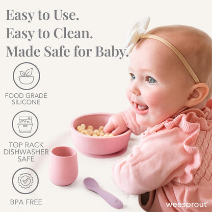 Baby Led Weaning Bundle, Silicone Suction Bowl, Spoons, Bib & Cup, Develops Self Feeding Skills, Dishwasher Safe (Purple)