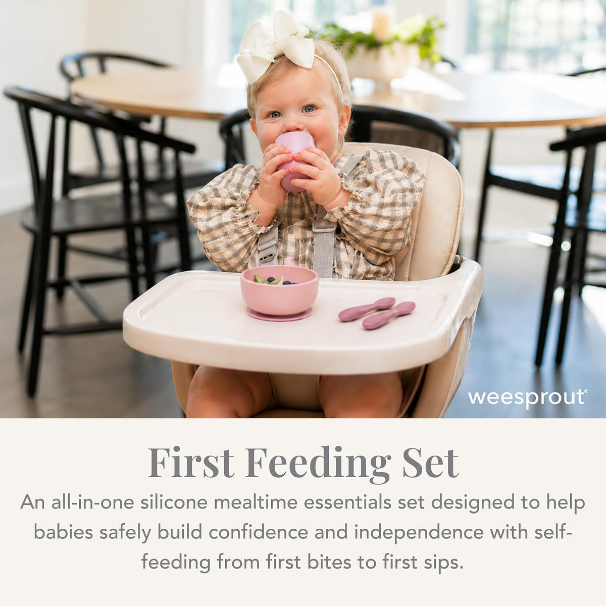 Baby Led Weaning Bundle, Silicone Suction Bowl, Spoons, Bib & Cup, Develops Self Feeding Skills, Dishwasher Safe (Purple)