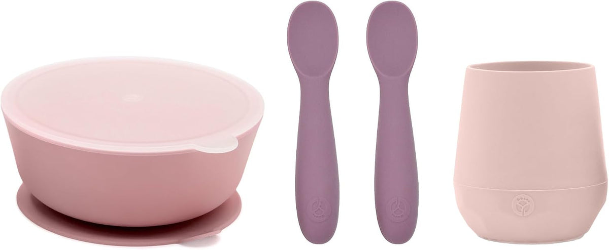 Baby Led Weaning Bundle, Silicone Suction Bowl, Spoons, Bib & Cup, Develops Self Feeding Skills, Dishwasher Safe (Purple)