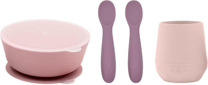 Baby Led Weaning Bundle, Silicone Suction Bowl, Spoons, Bib & Cup, Develops Self Feeding Skills, Dishwasher Safe (Purple)