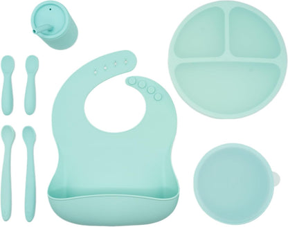 Baby Led Weaning Bundle, Silicone Suction Bowl, Spoons, Bib & Cup, Develops Self Feeding Skills, Dishwasher Safe (Purple)