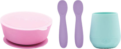 Baby Led Weaning Bundle, Silicone Suction Bowl, Spoons, Bib & Cup, Develops Self Feeding Skills, Dishwasher Safe (Purple)