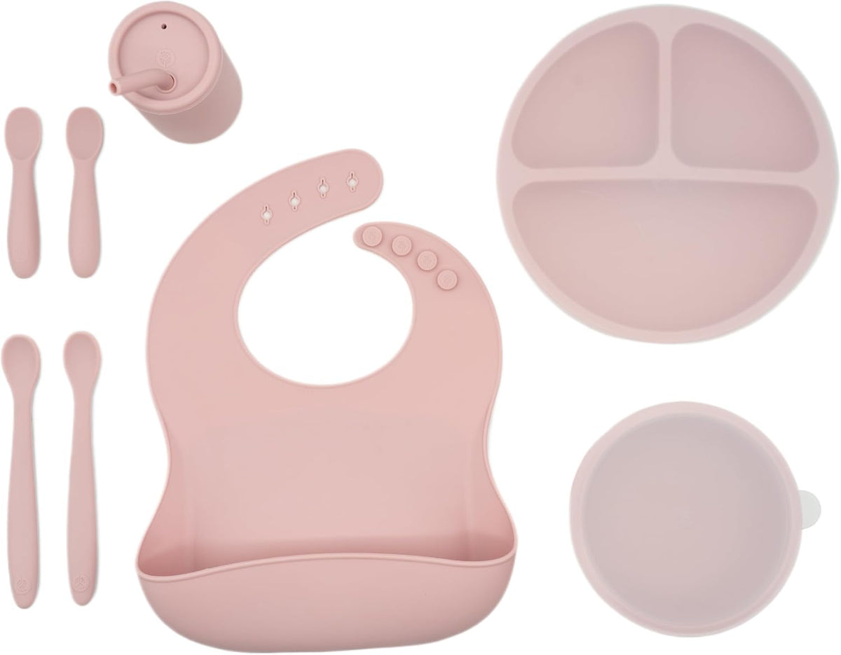 Baby Led Weaning Bundle, Silicone Suction Bowl, Spoons, Bib & Cup, Develops Self Feeding Skills, Dishwasher Safe (Purple)