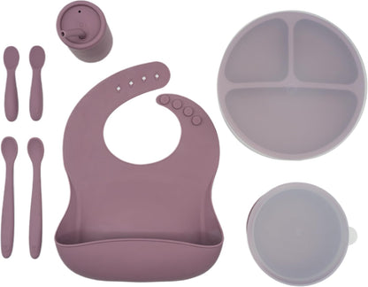Baby Led Weaning Bundle, Silicone Suction Bowl, Spoons, Bib & Cup, Develops Self Feeding Skills, Dishwasher Safe (Purple)