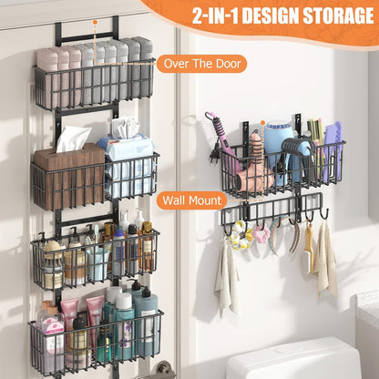 Adjustable Over the Door Organizer, Metal Hanging Door Organizer with 5 Wire Basket 7 Hooks, Wall Mounted Shelf for Pantry Laundry Organization and Storage, Black