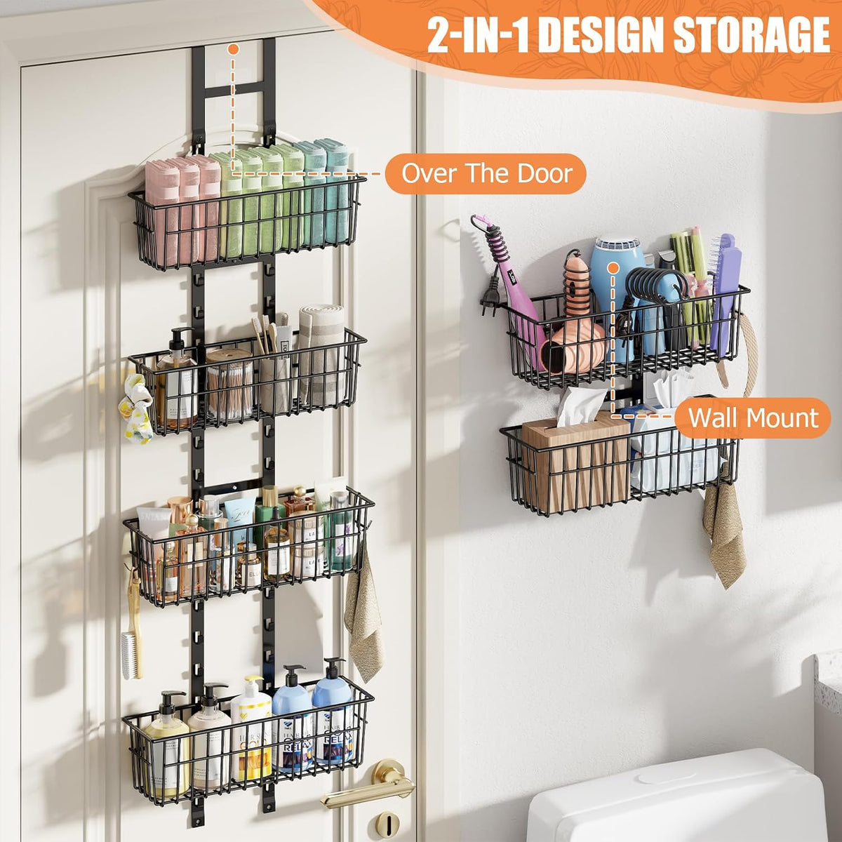Adjustable Over the Door Organizer, Metal Hanging Door Organizer with 5 Wire Basket 7 Hooks, Wall Mounted Shelf for Pantry Laundry Organization and Storage, Black