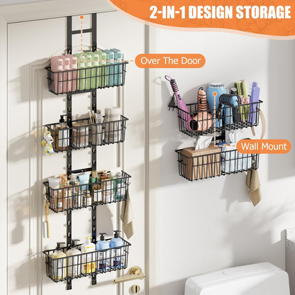 Adjustable Over the Door Organizer, Metal Hanging Door Organizer with 5 Wire Basket 7 Hooks, Wall Mounted Shelf for Pantry Laundry Organization and Storage, Black