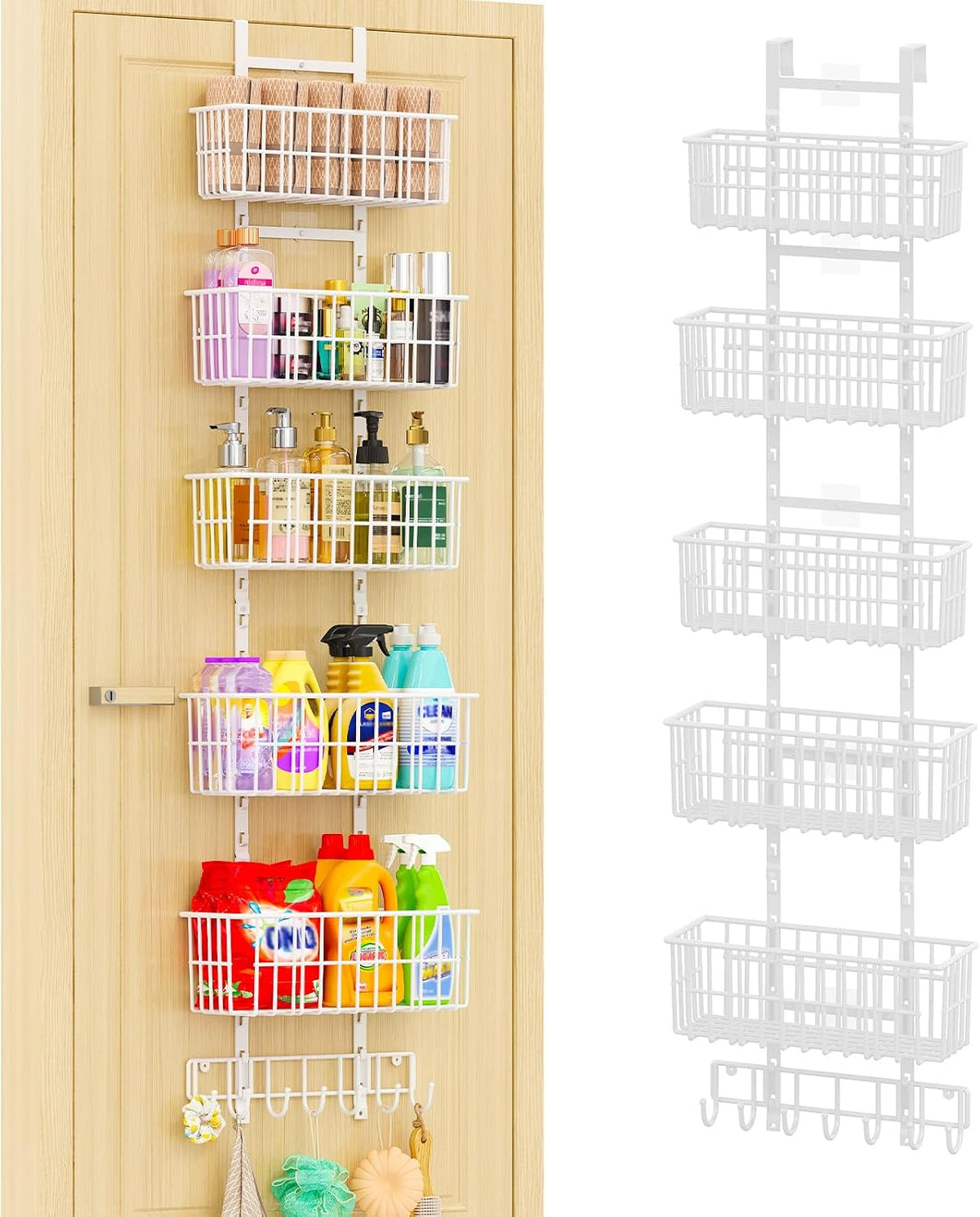 Adjustable Over the Door Organizer, Metal Hanging Door Organizer with 5 Wire Basket 7 Hooks, Wall Mounted Shelf for Pantry Laundry Organization and Storage, Black