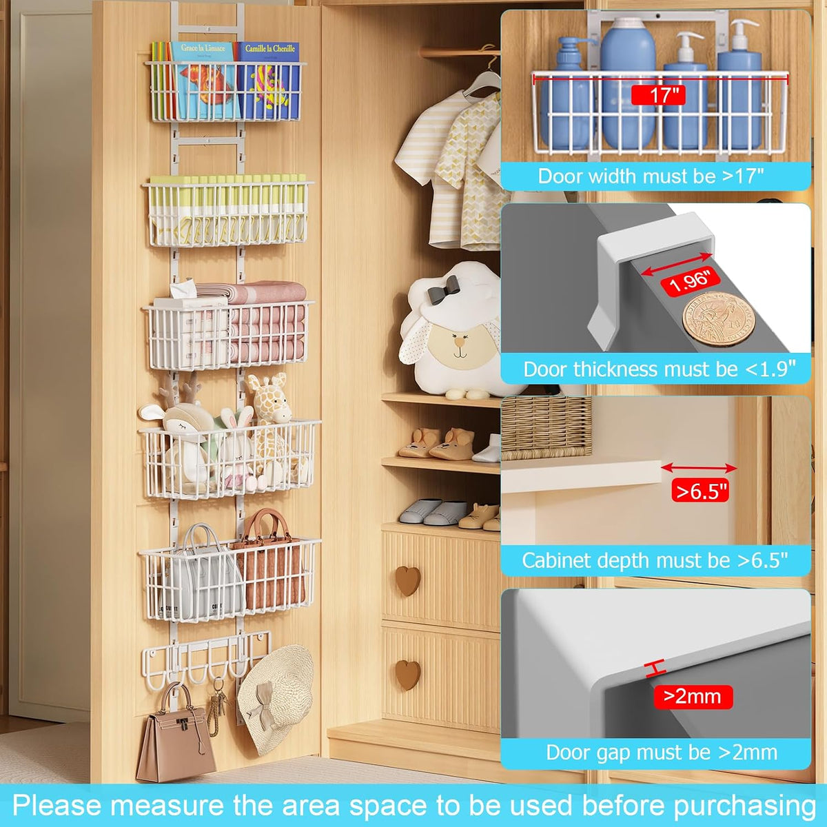Adjustable Over the Door Organizer, Metal Hanging Door Organizer with 5 Wire Basket 7 Hooks, Wall Mounted Shelf for Pantry Laundry Organization and Storage, Black