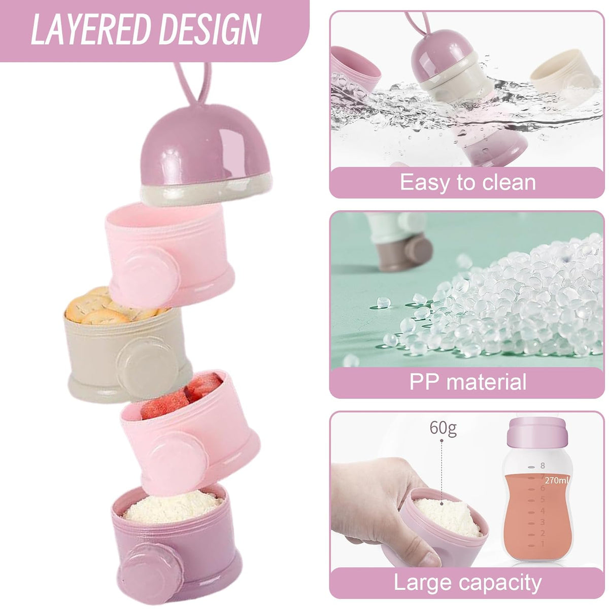 Baby Formula Container Baby Powder Dispenser, 3x9" Stackable Formula Container with 4 Compartments, Practical Multi-Use Milk Dispenser Purple