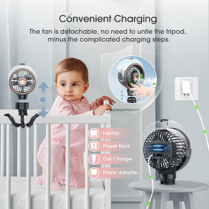 Stroller Fan with Mist, 100ml Misting Portable Fans for Stroller, Baby Fan with Detachable Tripod, Baby Essentials, Clip on Fans for Crib, Treadmill, Car Seat