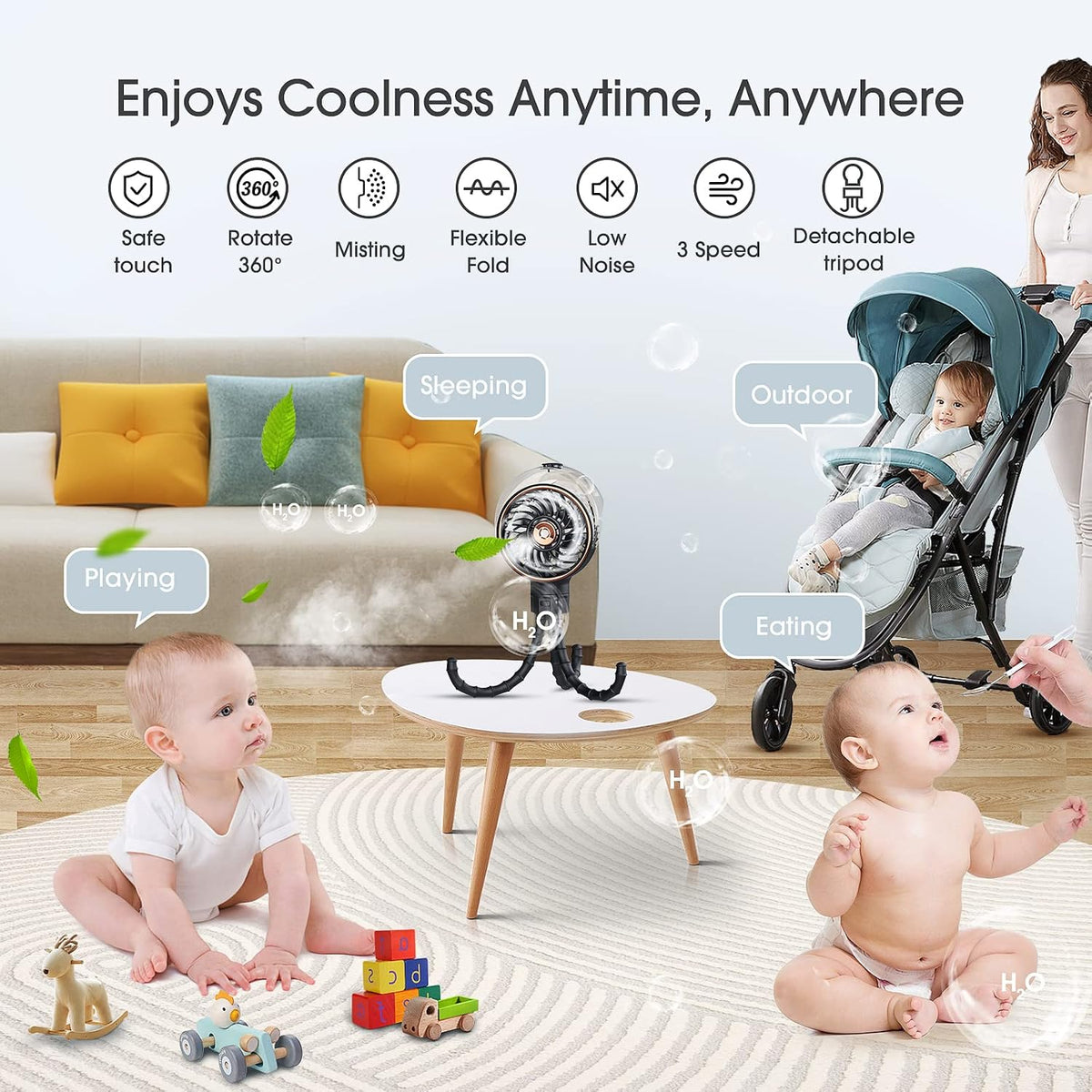 Stroller Fan with Mist, 100ml Misting Portable Fans for Stroller, Baby Fan with Detachable Tripod, Baby Essentials, Clip on Fans for Crib, Treadmill, Car Seat