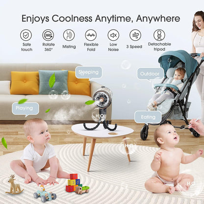 Stroller Fan with Mist, 100ml Misting Portable Fans for Stroller, Baby Fan with Detachable Tripod, Baby Essentials, Clip on Fans for Crib, Treadmill, Car Seat