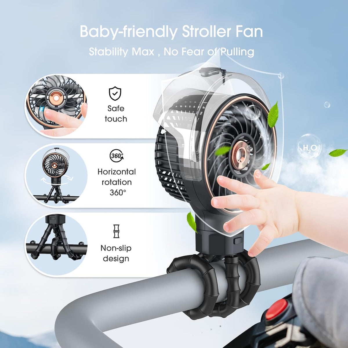 Stroller Fan with Mist, 100ml Misting Portable Fans for Stroller, Baby Fan with Detachable Tripod, Baby Essentials, Clip on Fans for Crib, Treadmill, Car Seat