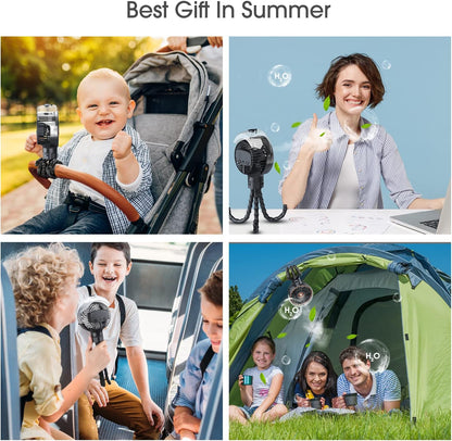 Stroller Fan with Mist, 100ml Misting Portable Fans for Stroller, Baby Fan with Detachable Tripod, Baby Essentials, Clip on Fans for Crib, Treadmill, Car Seat